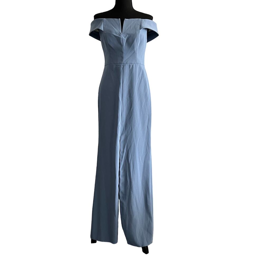 Dessy Collection Dress Size 6 Crepe Off The Shoulder Larkspur Blue Retro 3038